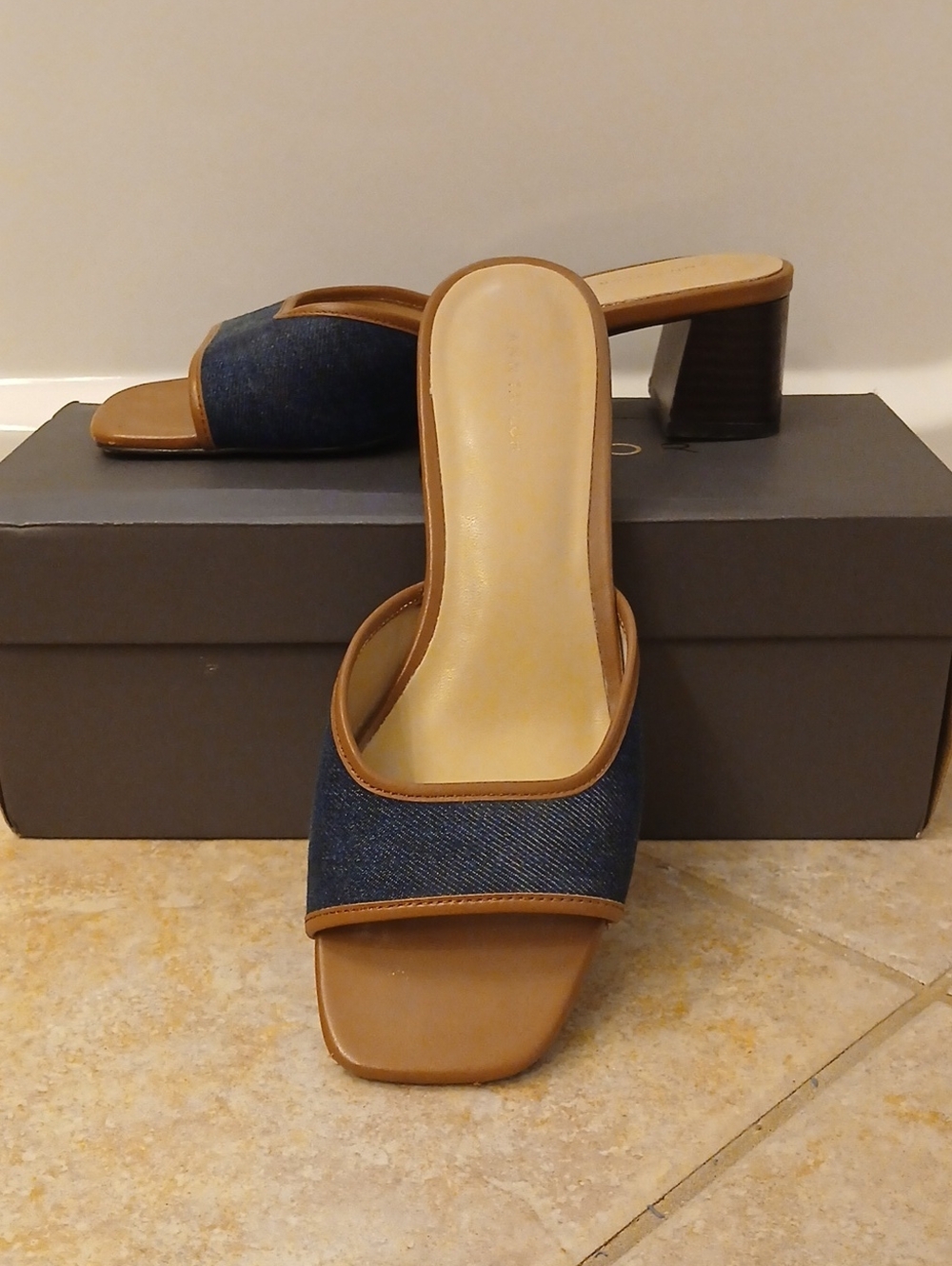 Ann Taylor Denim Slide Mules with Tan Trim
